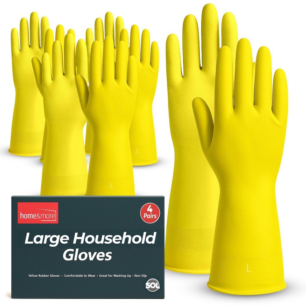 SOL 4 Pairs Large Household Gloves, Yellow Heavy Duty Rubber Gloves for Cleaning with Non-Slip Grip, Durable Waterproof Design for Kitchen, Bathroom & Dishwashing, Multipurpose & Comfortable To Use