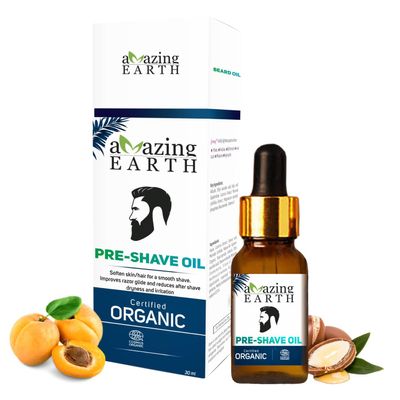 AMAzing EARTH Certified Organic Pre-Shave Oil - with Olive, Argan & Apricot Oil, Soft Stubble, Moisturizing, Silicone & Minerals Free, Sulphates & Parabens Free, Vegan & Cruelty Free - 30ml