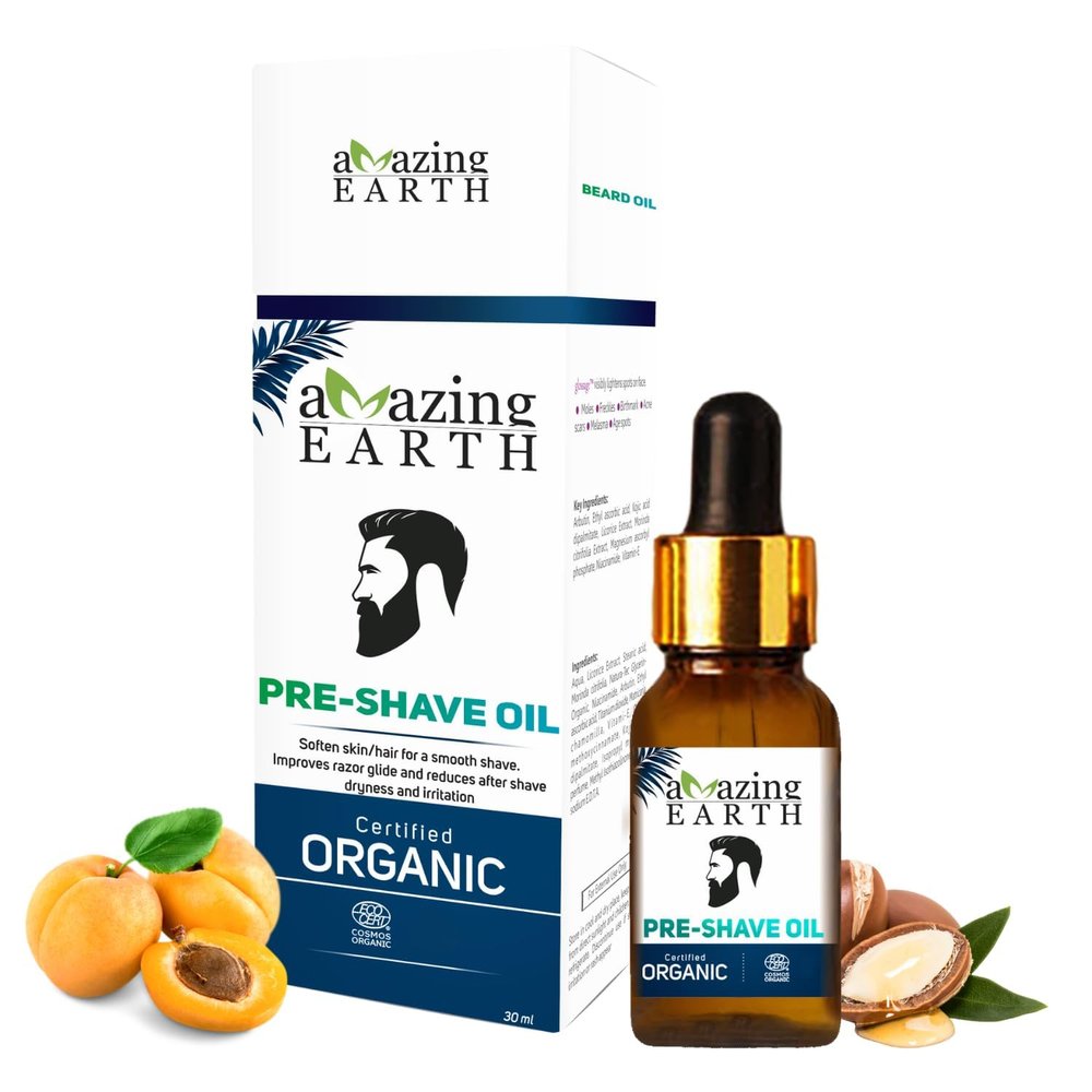 AMAzing EARTH Certified Organic Pre-Shave Oil - with Olive, Argan & Apricot Oil, Soft Stubble, Moisturizing, Silicone & Minerals Free, Sulphates & Parabens Free, Vegan & Cruelty Free - 30ml
