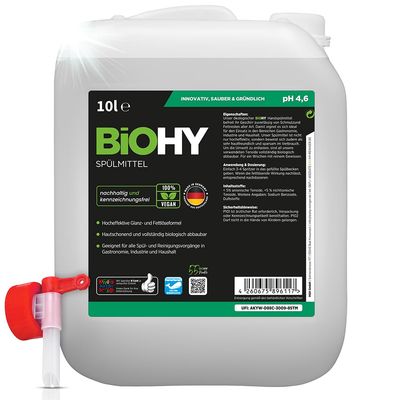 BiOHY Detergent (10l Canister) Discharge tap | Free of Harmful Chemicals & Biodegradable | Gloss & Fat Dissolving Formula | Suitable for Catering, Industry and Household (Splmittel)