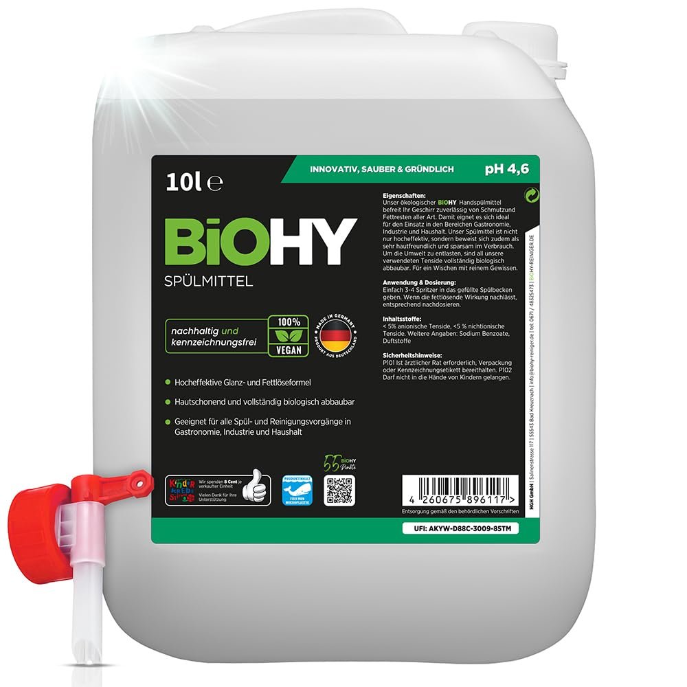 BiOHY Detergent (10l Canister) Discharge tap | Free of Harmful Chemicals & Biodegradable | Gloss & Fat Dissolving Formula | Suitable for Catering, Industry and Household (Splmittel)