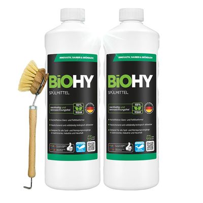 BiOHY Detergent (2 x 1l Bottle) + pump dispenser | Free of harmful chemicals & biodegradable | Gloss & fat dissolving formula | Suitable for catering, industry and household (Splmittel)