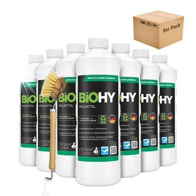 BiOHY Detergent (9 x 1l Bottle) + Pump Dispenser | Free of Harmful Chemicals & Biodegradable | Gloss & Fat Dissolving Formula | Suitable for Catering, Industry and Household (Splmittel)