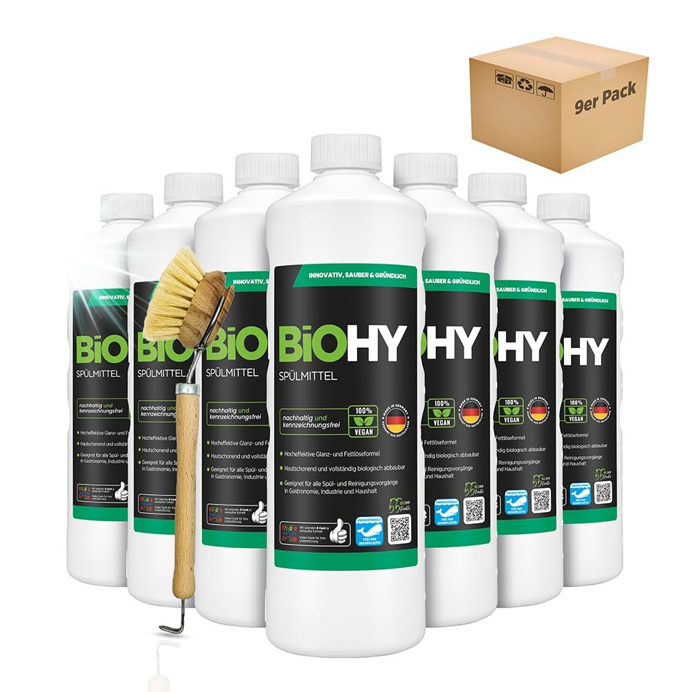 BiOHY Detergent (9 x 1l Bottle) + Pump Dispenser | Free of Harmful Chemicals & Biodegradable | Gloss & Fat Dissolving Formula | Suitable for Catering, Industry and Household (Splmittel)