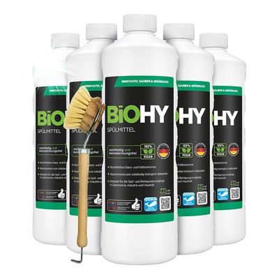 BiOHY Detergent (6 x 1l Bottle) + pump dispenser | Free of harmful chemicals & biodegradable | Gloss & fat dissolving formula | Suitable for catering, industry and household (Splmittel)