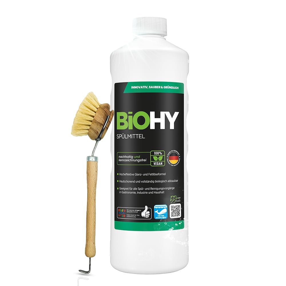 BiOHY Detergent (1l Bottle) + Pump Dispenser | Free of Harmful Chemicals & Biodegradable | Gloss & Fat Dissolving Formula | Suitable for Catering, Industry and Household (Splmittel)
