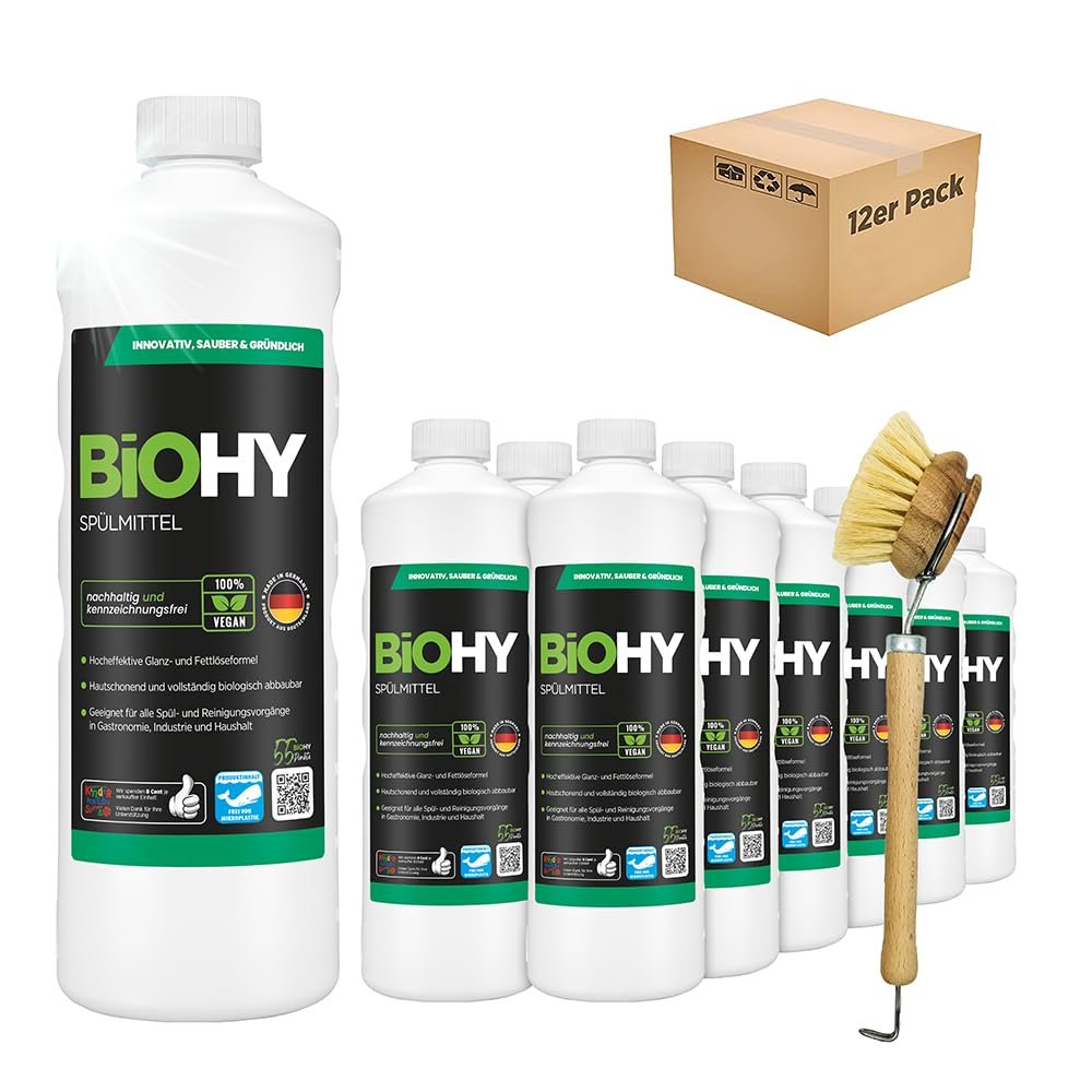 BiOHY Detergent (12 x 1l Bottle) + pump dispenser | Free of harmful chemicals & biodegradable | Gloss & fat dissolving formula | Suitable for catering, industry and household (Splmittel)