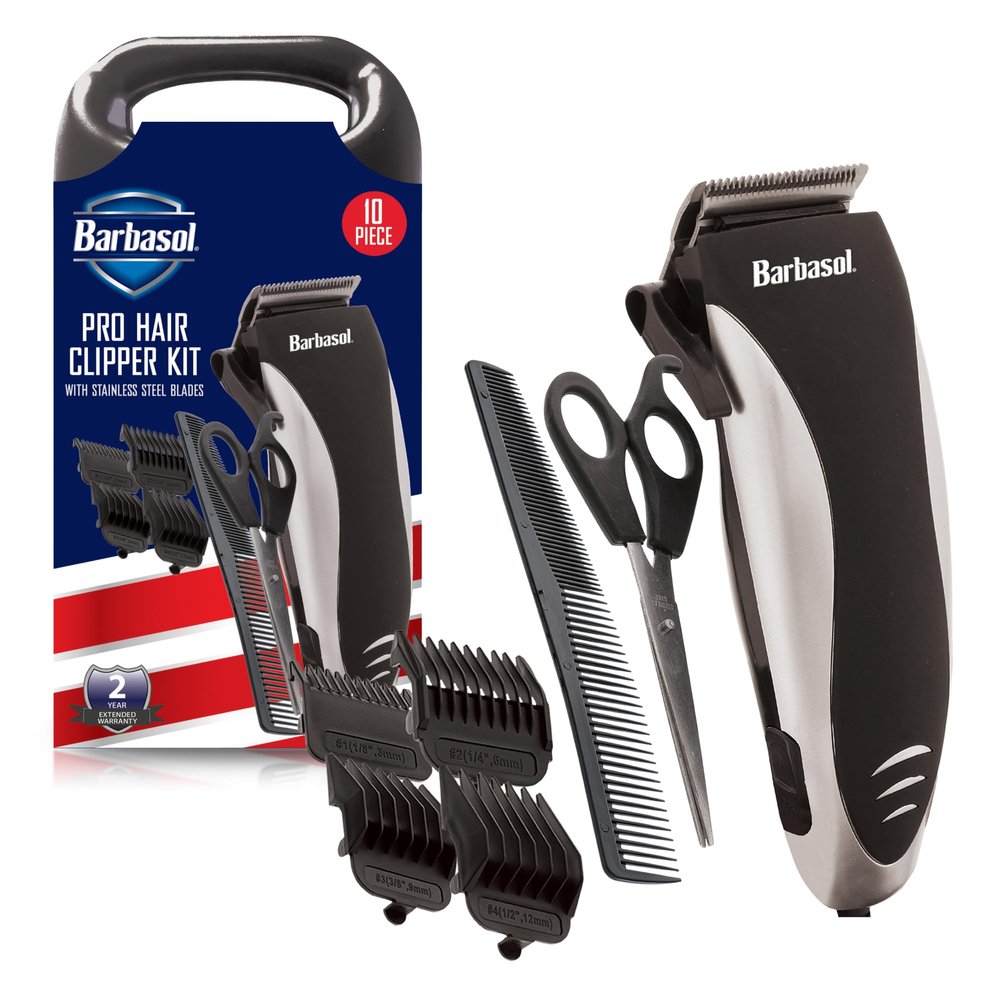 Barbasol Professional Hair Clipper Kit with Stainless Steel Blades, 4 Guide Combs, Adjustable Taper and Travel Bag