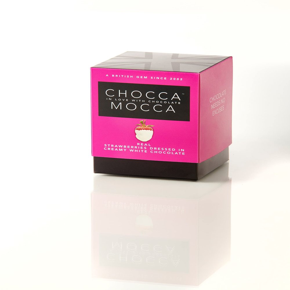Chocca Mocca- Real Strawberries Dressed in Creamy White Chocolate in Beautiful Presentation Chocolate Box Cube 100g, Deliciously indulgent Treat, Great Gift, Luxurious Quality Made in Great Britain