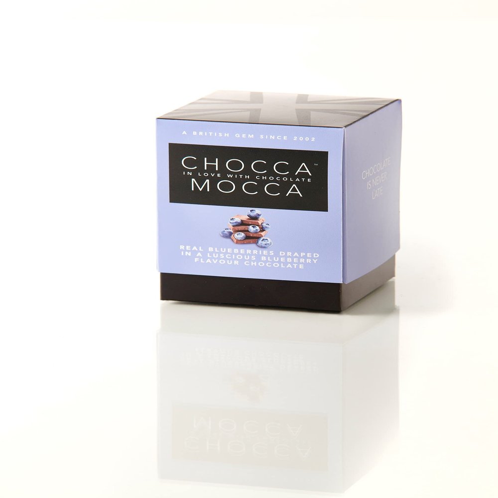 Chocca Mocca- Chocolate Box Cube 110g Real Blueberries Draped in Luscious Blueberry Flavoured White Chocolate, Deliciously indulgent Treat, Great Gift, Luxurious Quality Made in Great Britain