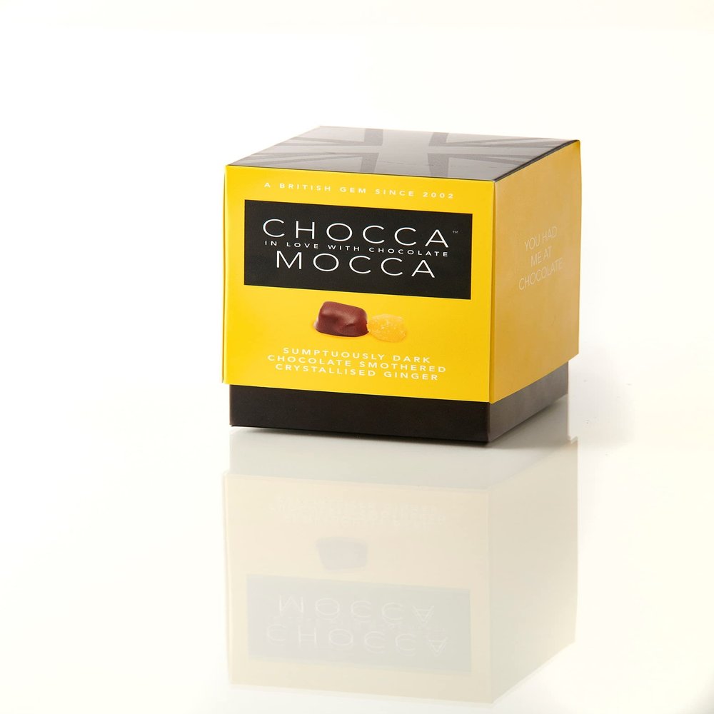Chocca Mocca- Sumptuously Dark Chocolate Smothered Crystallised Ginger in Presentation Chocolate Box Cube 100g, Deliciously indulgent Treat, Great Gift, Luxurious Quality Made in Great Britain