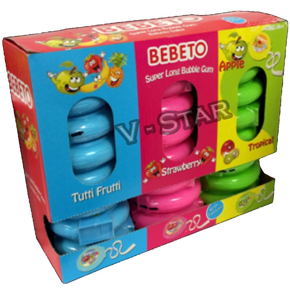 BEBETO Super Long Bubble Gum with Tattoo Tutti Fruity, Strawberry, Tropical - 24 x 40g