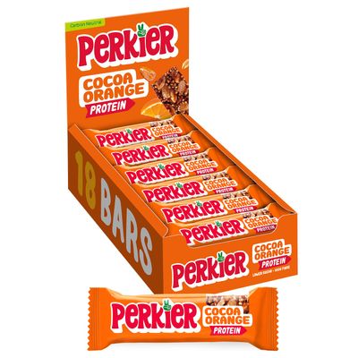 Perkier Cocoa Orange Bars (18 Bars), Vegan, Gluten Free, Protein, Lower Sugar, Office Snacks, Healthy Snacks for Adults, Low Calorie, Halal, Breakfast Bar, High Fibre, Gut Health, Multipack