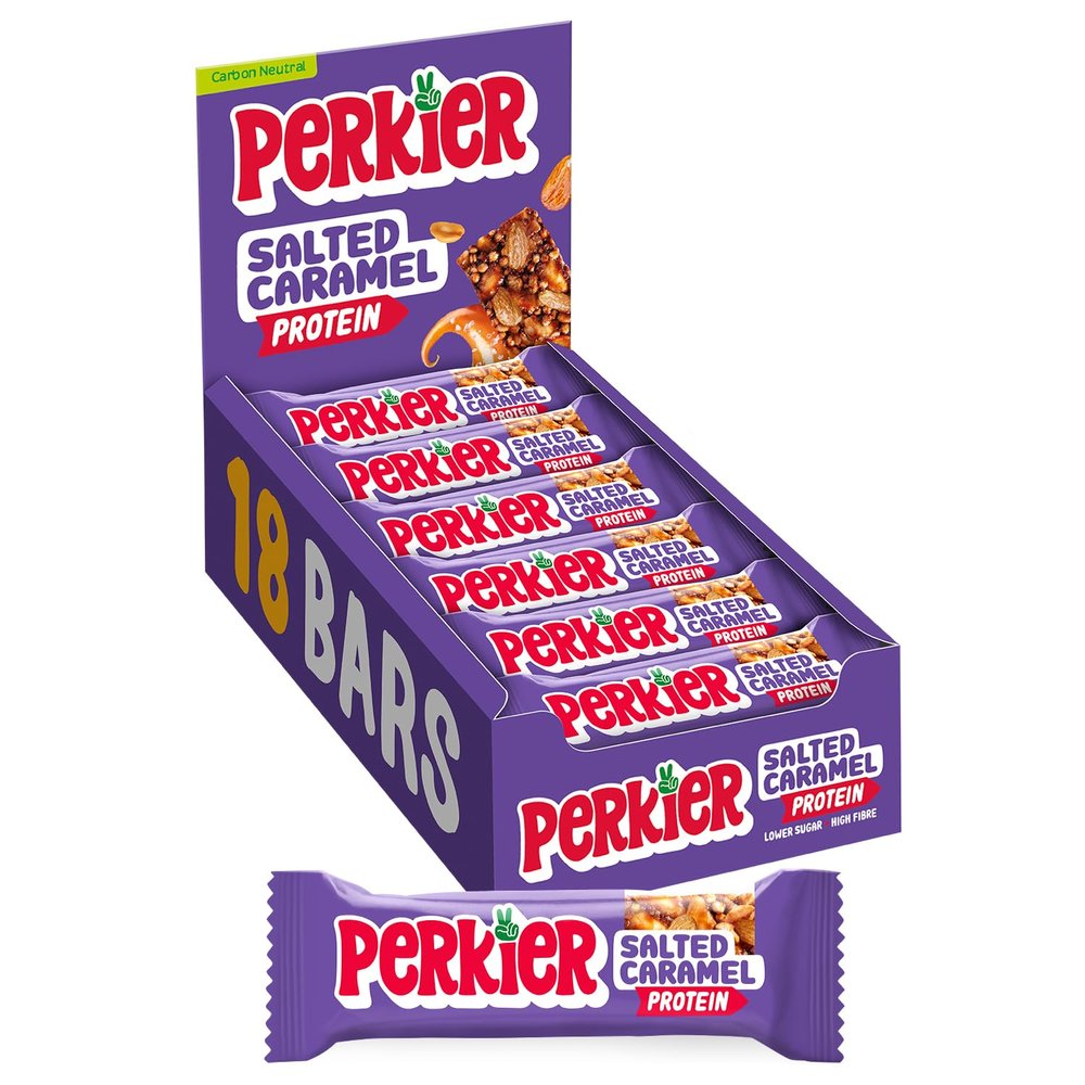 Perkier Salted Caramel Snack Bars (18 Pack)  Vegan  Gluten Free  Protein  High Fibre  Lower Sugar - Natural Ingredients  Lower Calorie  Healthy  No Palm Oil