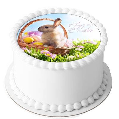 Cute Bunny Rabbit Happy Easter 7.5 inch Circle on Decor Icing Sheet Edible Cake Topper - Perfect for Decorating Larger Cakes