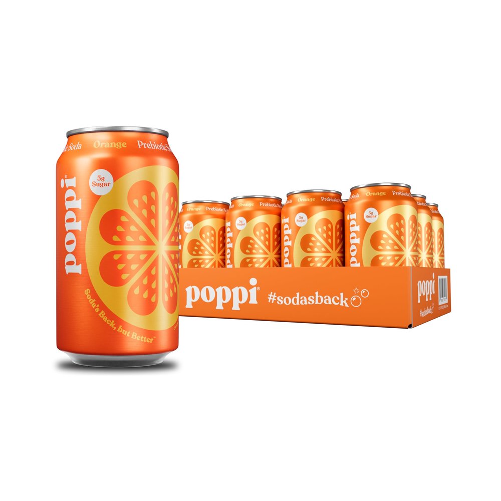 Poppi Prebiotic Soda, Sparkling Water and Fruit Juice, Orange, 12 Ounces (Pack of 12)
