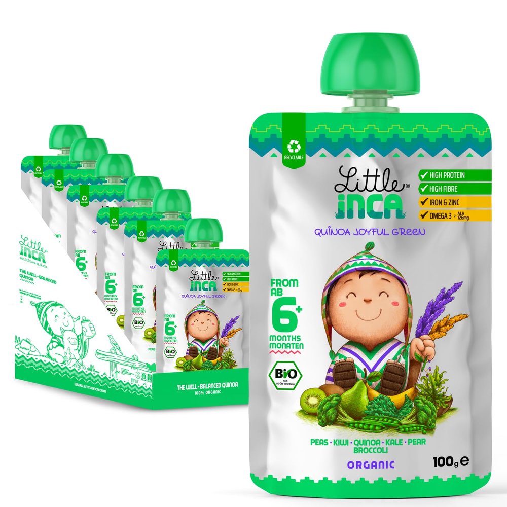 Little Inca Organic Baby Food Pouches The Joyful Green (6x100g) | Quinoa-based Dairy-Free Baby Pouch | 6 Months+ | Recyclable Plant-Based Veg & Fruit Pouches | Supports Gut/Cognitive Health