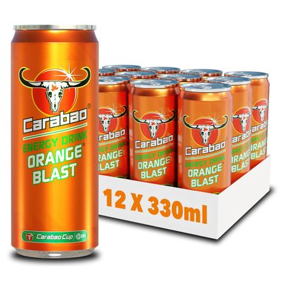 Carabao Energy Drink Orange Blast, 12 x 330ml Cans Case, Low Calorie, Lower Sugar, Fizzy Fruit Flavour, Vegan, Gluten Free Drink, B Vitamins, Taurine, Caffeine with Zero Crash, Bulk Crates, Multipack
