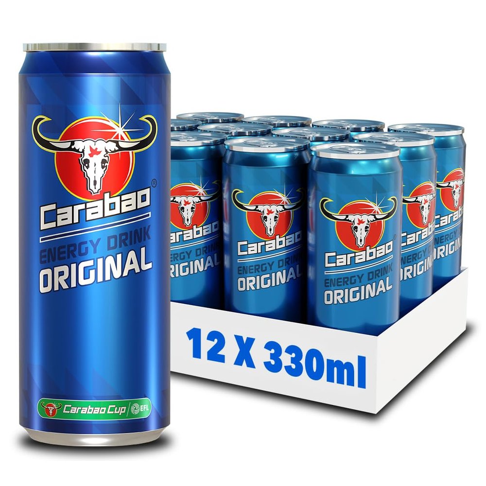 Carabao Energy Drink Original, 12 x 330ml Cans Case, Low Calorie, Lower Sugar, B Vitamins, Taurine, Caffeine with Zero Crash, Vegan Friendly, Gluten Free Drink, Bulk Crates, Multipack