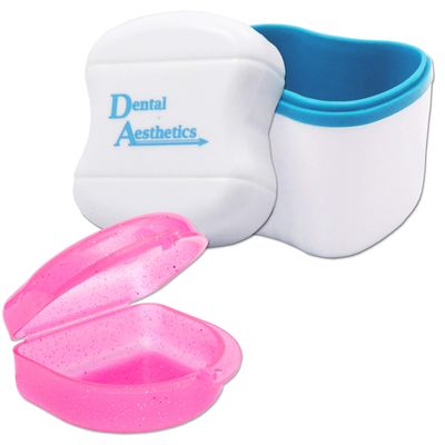 Dental Bath and Retainer Case ~ Storage Case and Container for Soaking Ortho Retainers, Sports Dental Appliances, Dentures & More (Glitter Pink Case)