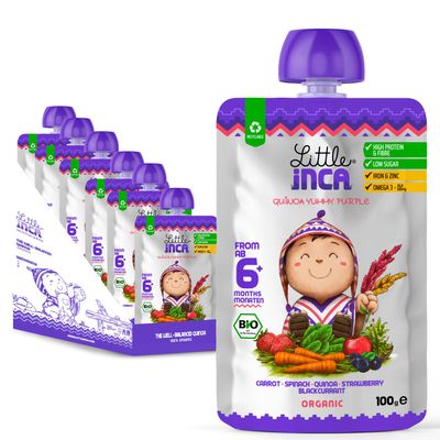 Little Inca Organic Baby Food Pouches The Yummy Purple (6x100g) | Quinoa-based Dairy-Free Baby Pouches | 6 Months+ | Recyclable Plant-Based Veg & Fruit Pouches | Supports Gut/Cognitive Health