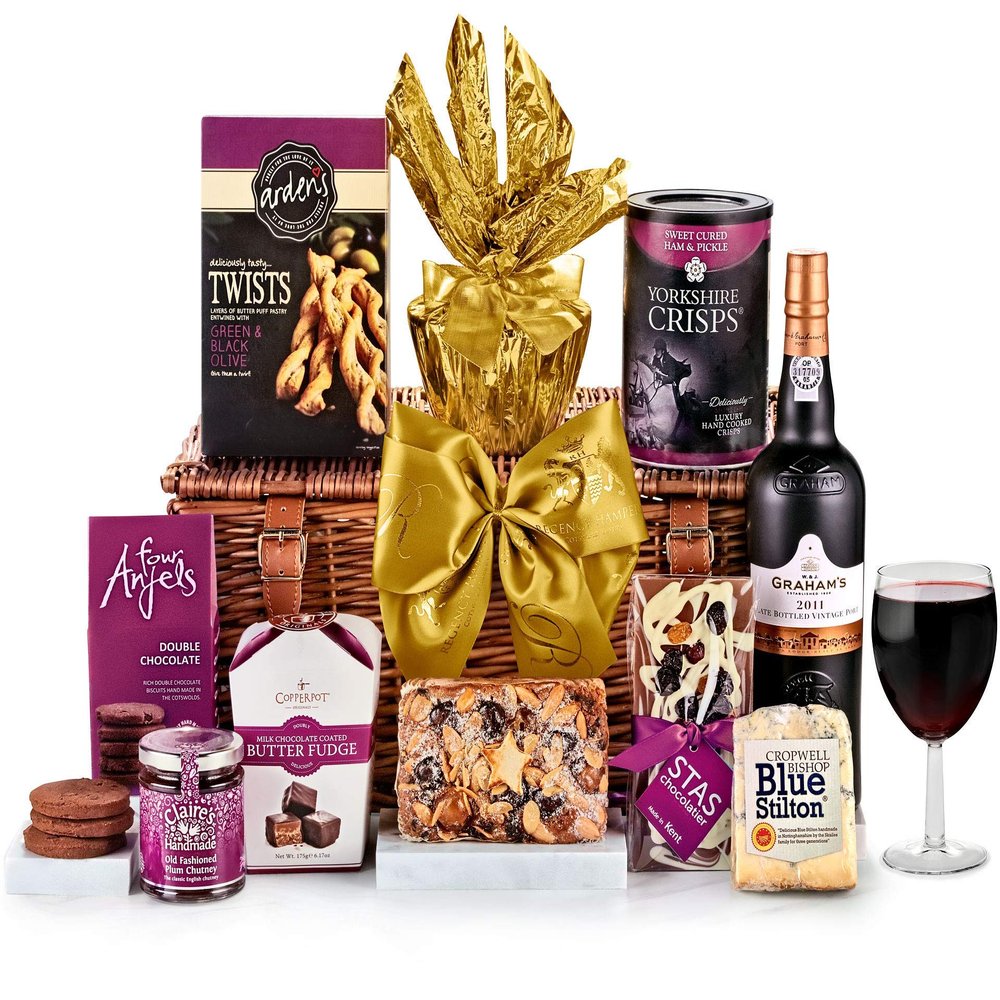 Classic Cheese and Wine Hamper - Cambridge Gift Set with Port and Stilton - Blue Stilton, Oatcakes, Ruby Port, Plum Chutney - Cheese and Wine Gifts for Men and Women, from Regency Hampers