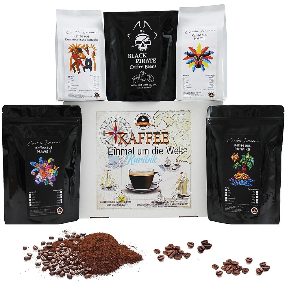 Coffee "Once around the world" - Caribbean Box - 5 unusual coffee varieties - 4 x 100g + 1 x 65g (whole bean)
