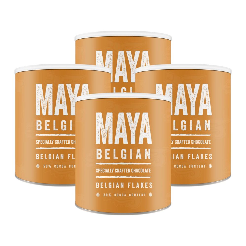 Maya | Belgian Flakes Hot Chocolate Cocoa - Perfect for Cafs, Business, Shop - Box of 4 x 1KG Resealable Tubs (Case of 4KG)