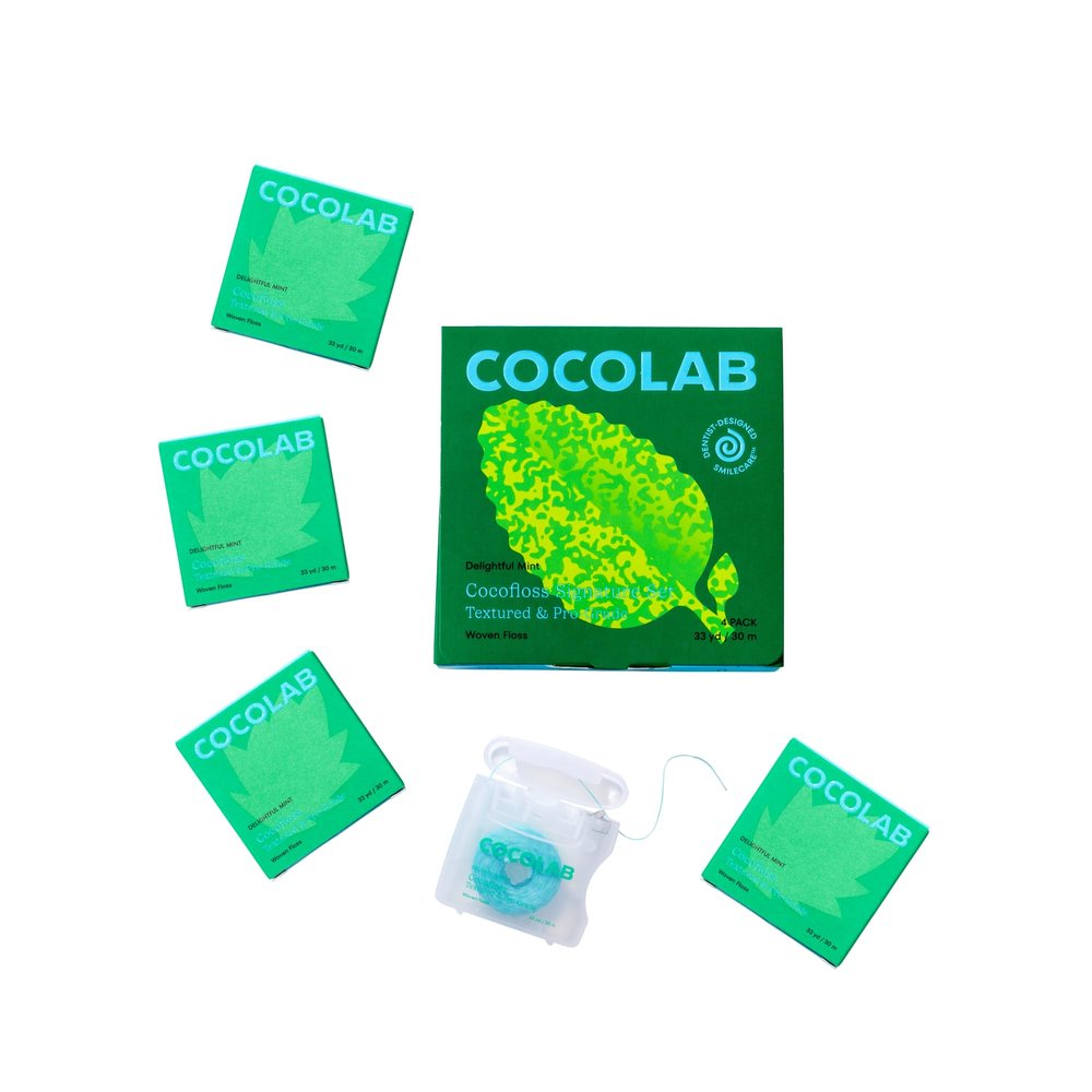 COCOFLOSS Coconut-Oil Infused Woven Dental Floss | Mint | Dentist-Designed | Vegan and Cruelty-Free | 8 Month Supply (32 Yds x 4 Units)
