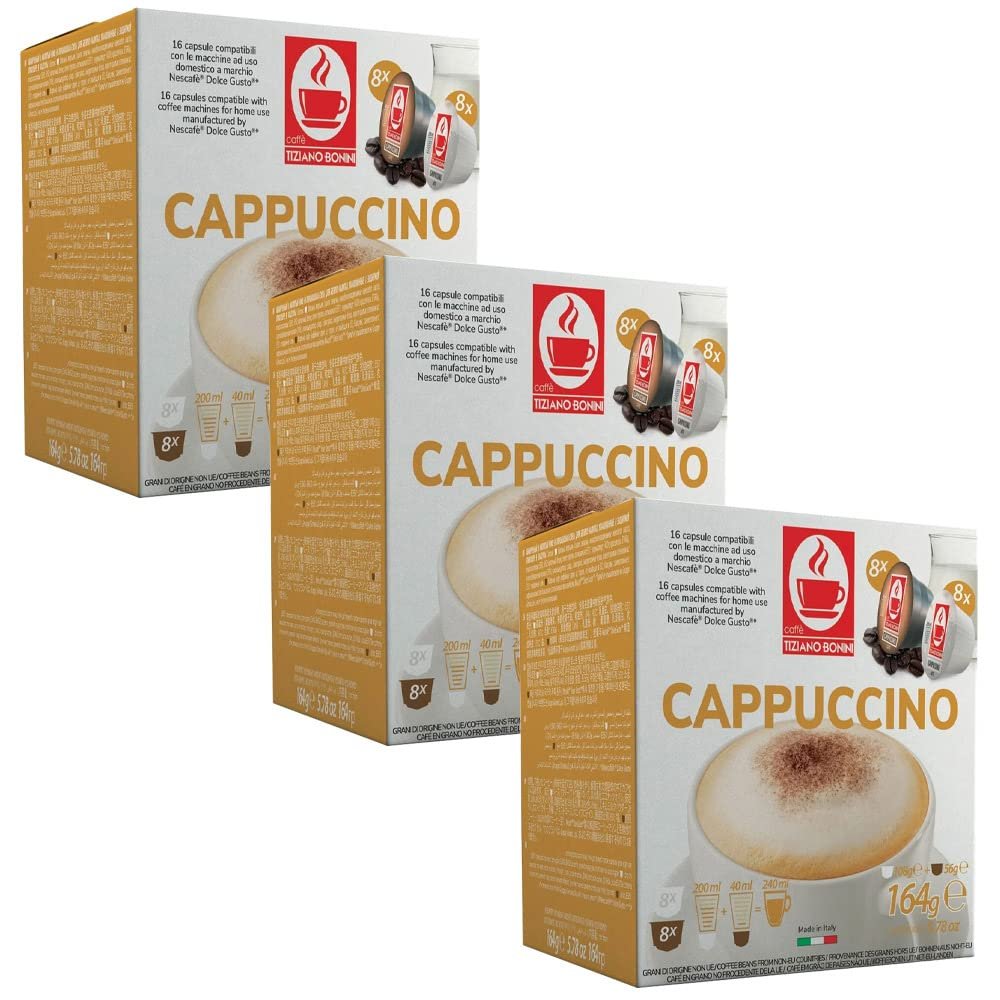 Bonini Coffee Pods, Dolce Gusto Compatible Coffee Pods/Capsules. 3 Pack Cappuccino Blend Coffee Pods, Each Pack 16 Pods (Total 48 pods)