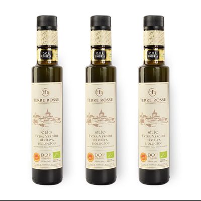 Terre Rosse - Italian Organic Extra Virgin Olive Oil Cold Pressed - Monocultivar Moraiolo - Certifications DOP Umbria Colli Assisi Spoleto and Kosher/P - Olive Harvest 2024 - Package 3 Bottles 250 ml