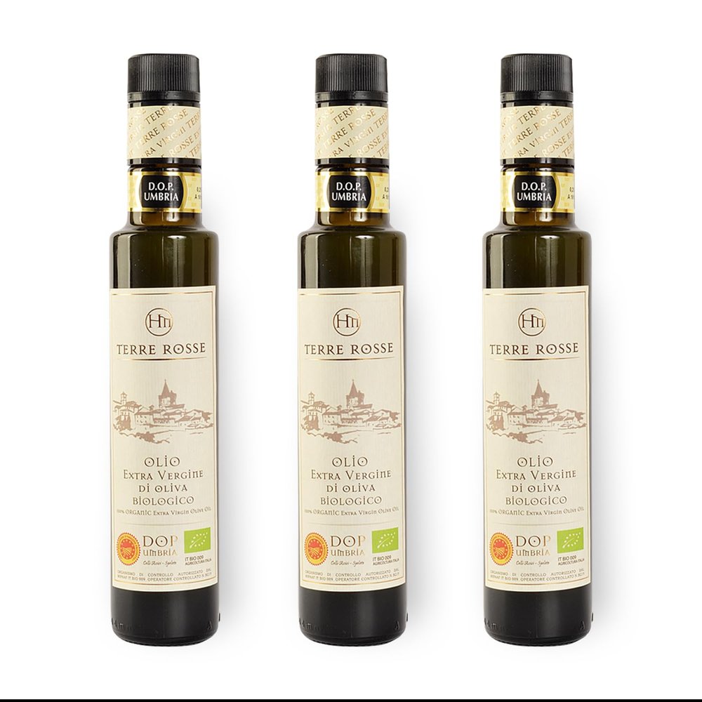 Terre Rosse - Italian Organic Extra Virgin Olive Oil Cold Pressed - Monocultivar Moraiolo - Certifications DOP Umbria Colli Assisi Spoleto and Kosher/P - Olive Harvest 2024 - Package 3 Bottles 250 ml
