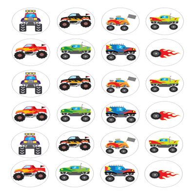 The Cake Decorators Boutique 24 Monster Trucks cartoon style edible Iced Icing CupCake Toppers