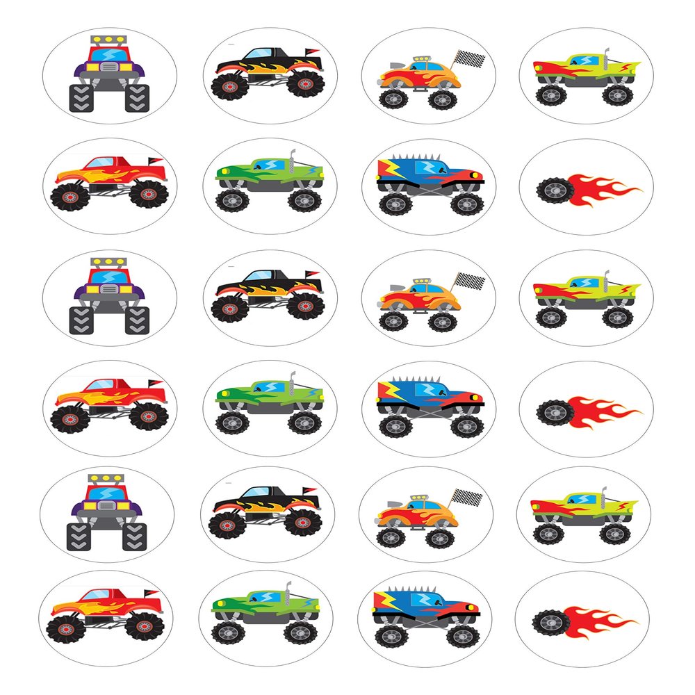 The Cake Decorators Boutique 24 Monster Trucks cartoon style edible Iced Icing CupCake Toppers