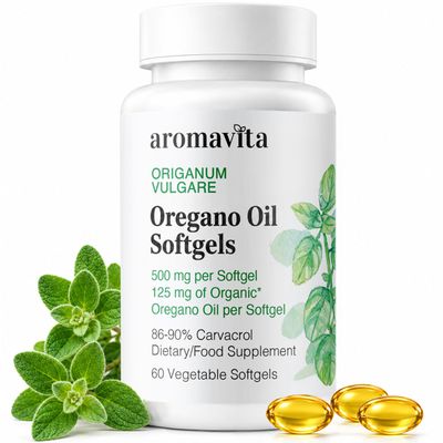 Aromavita Organic Oregano Oil Capsules Extra Strength with 86-90% Carvacrol Immune & Digestive Support Natural Antioxidant, Vegan Herbal Supplement Greek Fast Absorption 60 Capsules