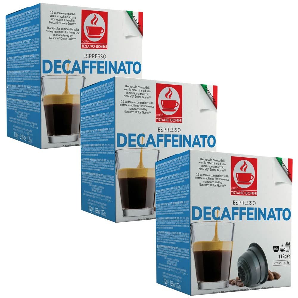 Bonini Decaf Coffee Pods, Dolce Gusto Compatible. 3 Pack Decaffeinated Coffee, Each Pack 16 Pods (Total 48)