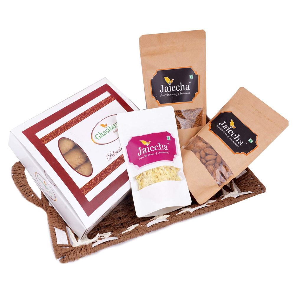 Brown and White Basket Sugarfree Gujiya (400 GMS); Diet Chiwda Pouch; Flavoured Almonds Pouch; Nachini Sev Pouch