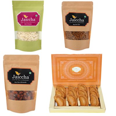 Holi Sweets Holi Healthy Hampers Best of 4- Sugarfree Gujiya (400 GMS); Diet Chiwda Pouch; Flavoured Almonds Pouch; Nachini Sev Pouch