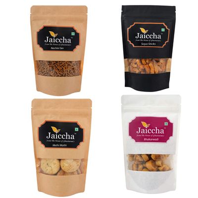 Best of 4 Assorted Namkeens SOYA Sticks Pouch; Nachini Sev Pouch; Bhakar wadi Pouch; Methi Mathi Pouch;