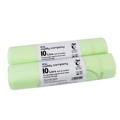 100x 10L Tie Handle Compostable Caddy Liners - 10 Litre Degradable Kitchen Caddy Food Waste Bin Liners - EN 13432 - Compostable Bin liners