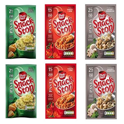 Mug Shot Snack Stop 6 Pack Bundle. 3 Flavours. 2 of Each: Chicken & Mushroom Pasta, Cheese & Broccoli Pasta; Tomato & Herb Pasta 5 Minute Instant Mug Meal