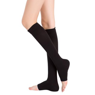 StarTreene Graduated Compression Calf Socks for Women Men Knee Length Open Toe Support Stockings (Black 1, S)