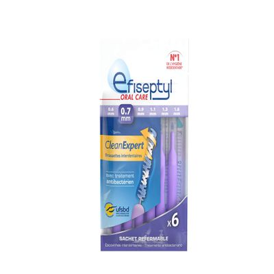 Efiseptyl - Clean Expert Interdental Brushes 0.7 mm - Resealable Bag - with Antibacterial Treatment - Pack of 6 Brushes
