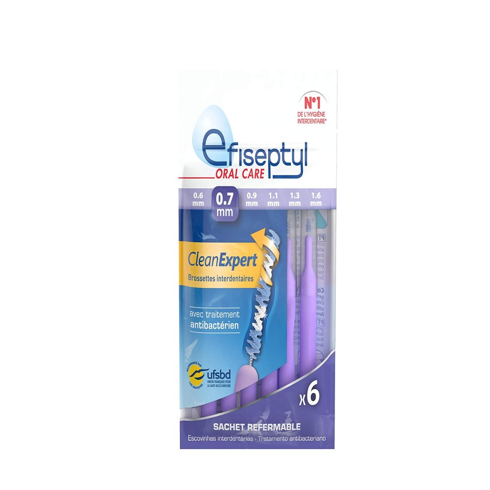 Efiseptyl - Clean Expert Interdental Brushes 0.7 mm - Resealable Bag - with Antibacterial Treatment - Pack of 6 Brushes