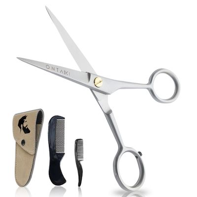 ONTAKI Professional Beard Moustache Scissors German Steel Comb & Carrying Pouch Hand Forged Bevel Edge Precision Mustache Comb Perfect Mens Facial Hair Grooming Kit for All Body Facial Hair (Satin)