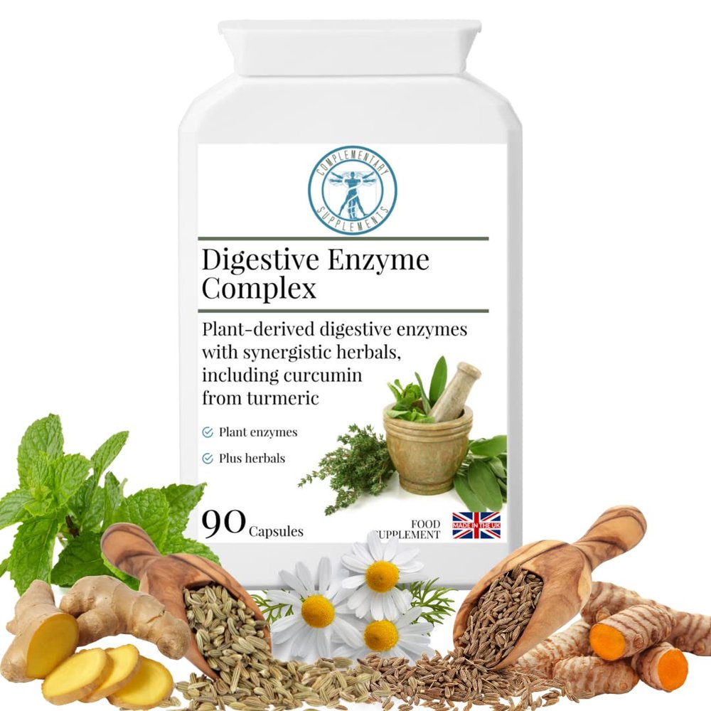 Complementary Supplements - Digestive Enzyme Complex - Liver Support  Peppermint, Betaine Hydrochloride, Turmeric, Amylase, Protease III, Lipase, Bromelain, Papain  Vegan- 90 Capsules