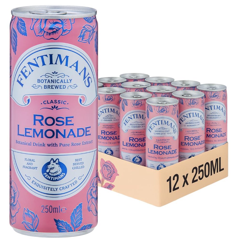 Fentimans Rose Lemonade - Botanically Brewed Lemonade made with Lemon Juice - Exquisitely Crafted and Refreshing Soft Drinks - Gluten-Free and Vegan Friendly Soft Drinks - 12 x 250 ml Cans