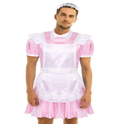 YOOJIA Mens Sissy French Maid Lingerie Role Play Costume Doll Neck Short Sleeve Satin Dress with Headband and Apron Set(3Pcs) Pink B Type Medium