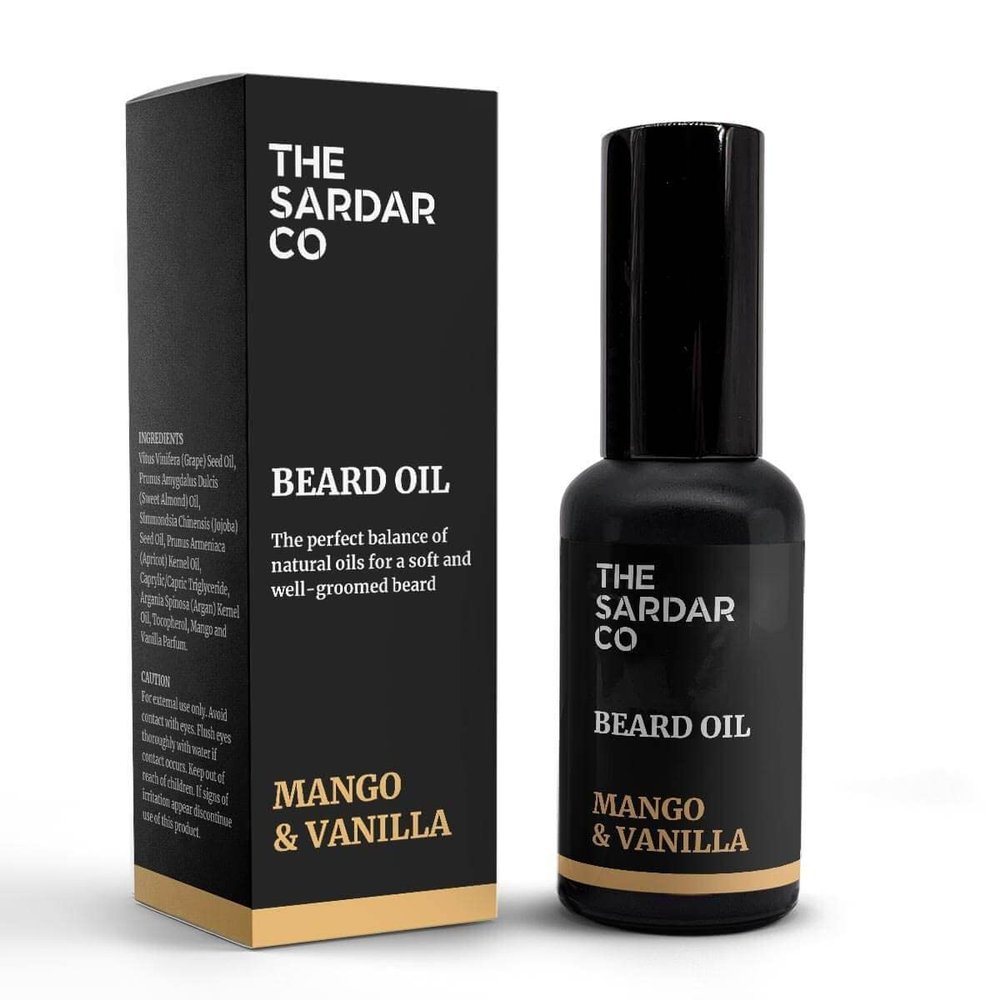 THE SARDAR CO Mango & Vanilla Beard Oil  Hydrate & Condition  Organic Argan & Jojoba for Growth, Softness & Nourishment  Long-Lasting Fruity Scent  30ml