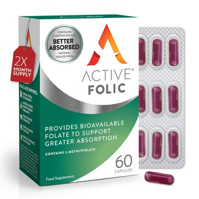 Active Folic 400 mcg L-Methylfolate Folic Acid Supplement Highly Absorbed, Vegan Supports Pregnancy, Energy, Tiredness & Fatigue Reduction 60 Capsules (2-Month Supply)